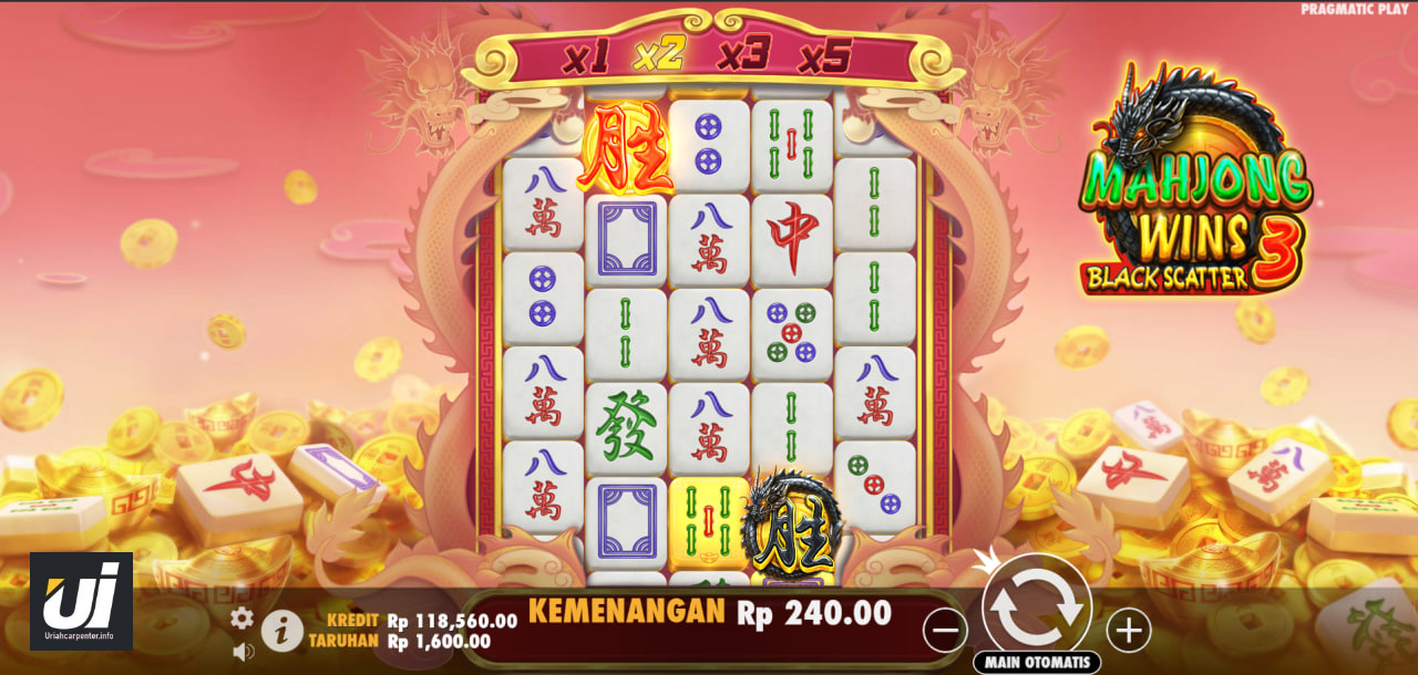 Gulungan game slot Mahjong Wins dengan simbol Black Scatter dan latar belakang berwarna cerah.