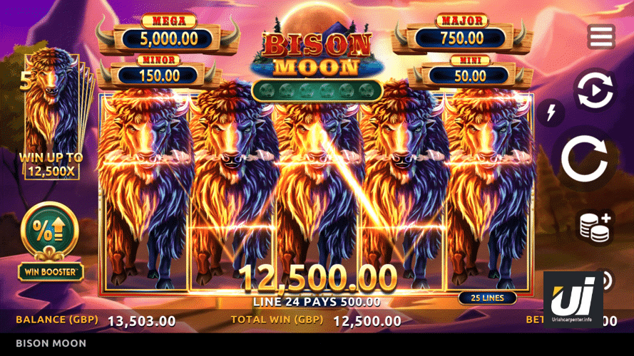 Tampilan permainan slot Bison Moon dari Microgaming dengan simbol bison dan grafis alam liar.